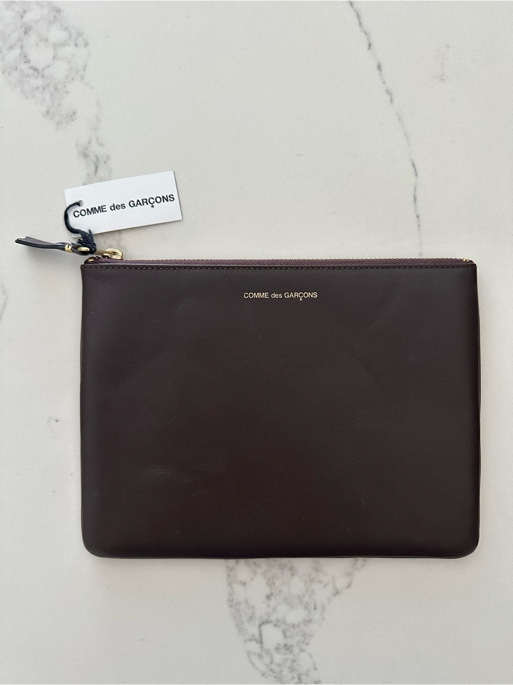 NWT Comme des Garçons SA5100 Leather Pouch 8.5" x 6.25" Chocolate Brown, Gold